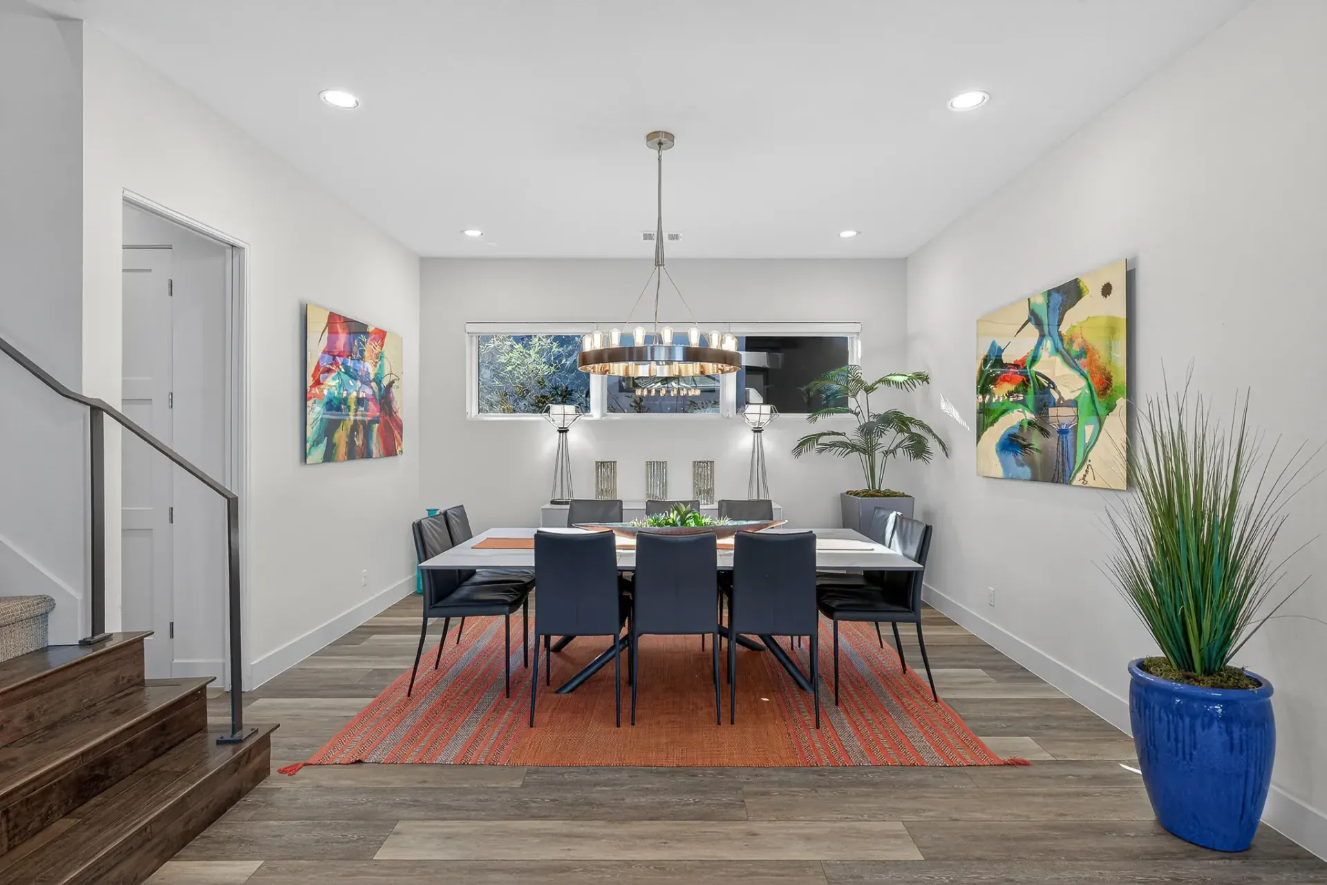 Formal dining room with modern chandelier